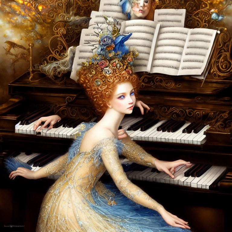 Elaborate Hair Woman in Blue Dress Plays Piano with Floating Books