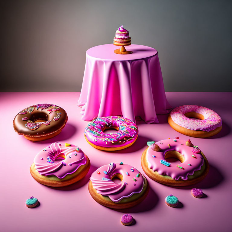 Colorful Iced Donuts on Pink Surface