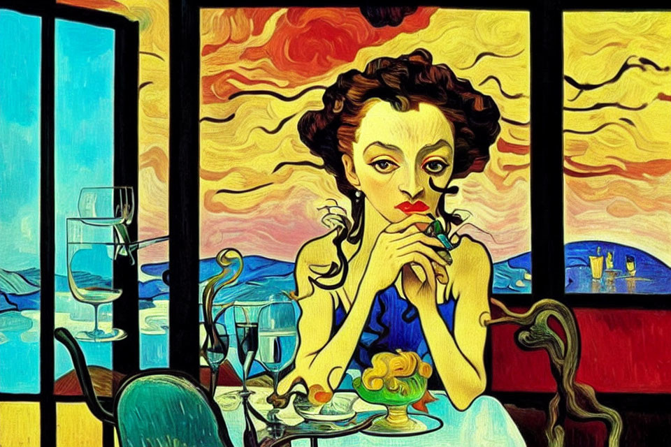 Digital painting of woman with thoughtful expression at table