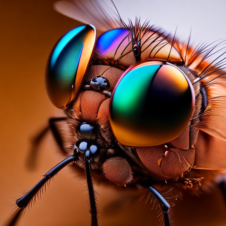 Detailed Close-up of Iridescent-Eyed Fly on Warm Background