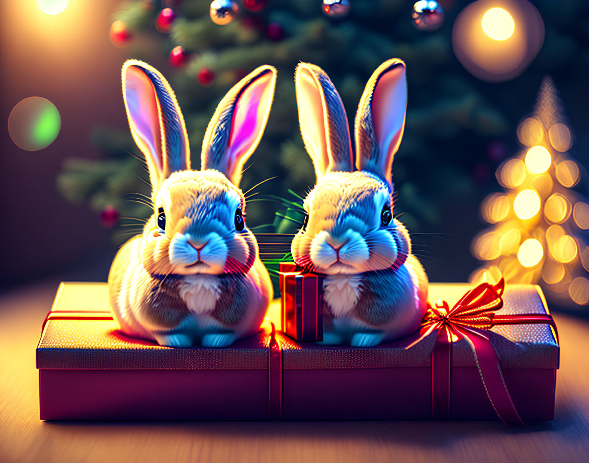 Two rabbits on red gift box with Christmas tree in background