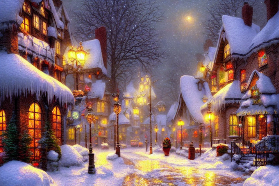 Snow-covered street with old-fashioned lamps and charming houses on a cozy winter evening