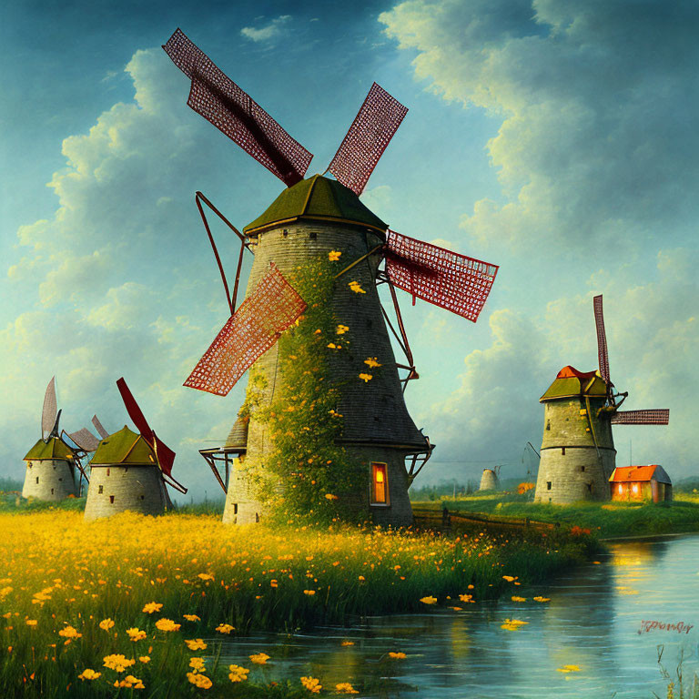 Rustic windmills by river in lush greenery at dawn or dusk