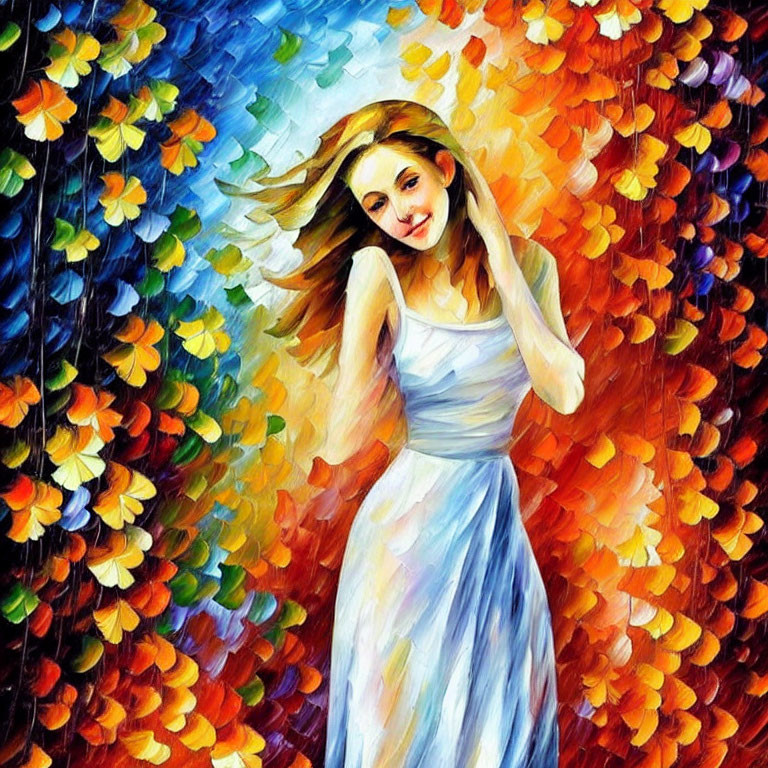 Colorful Impressionistic Painting of Smiling Woman in Blue Dress