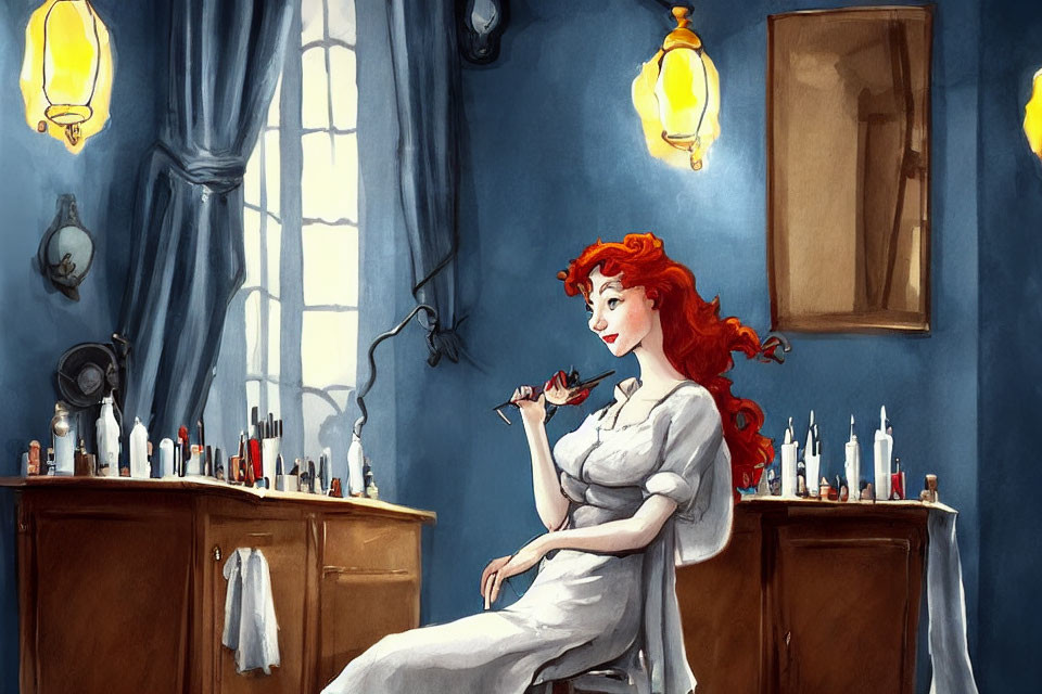 Woman with red hair applying lipstick in golden-lit room