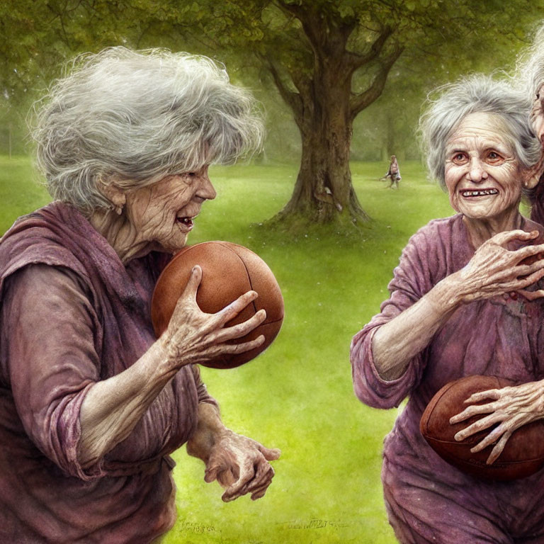 Elderly women playing basketball in park with child