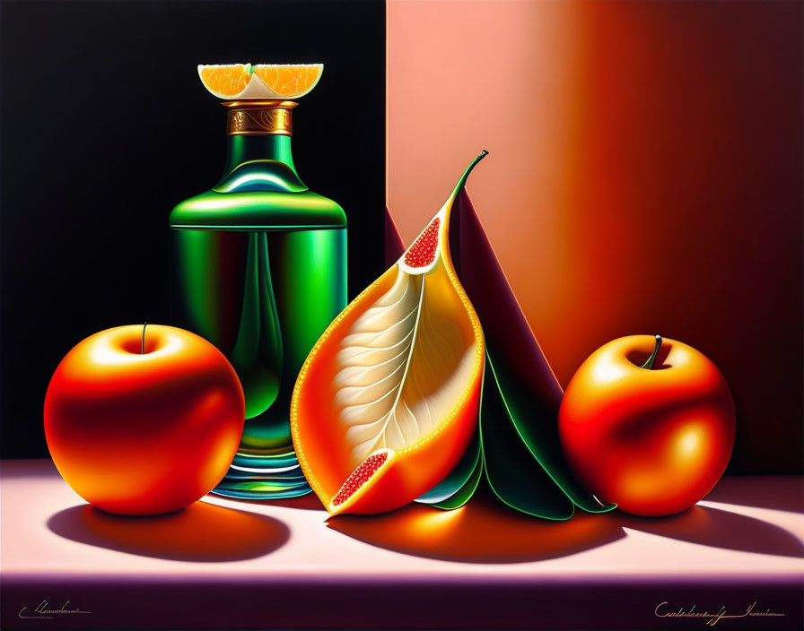 Colorful still life painting with stylized fruits on dual-hued backdrop