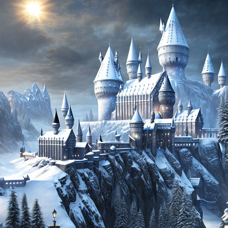 Majestic castle with spires on snowy cliff at twilight.