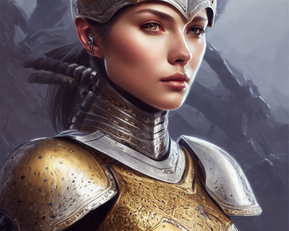 Digital Artwork: Woman in Ornate Medieval Armor with Helmet