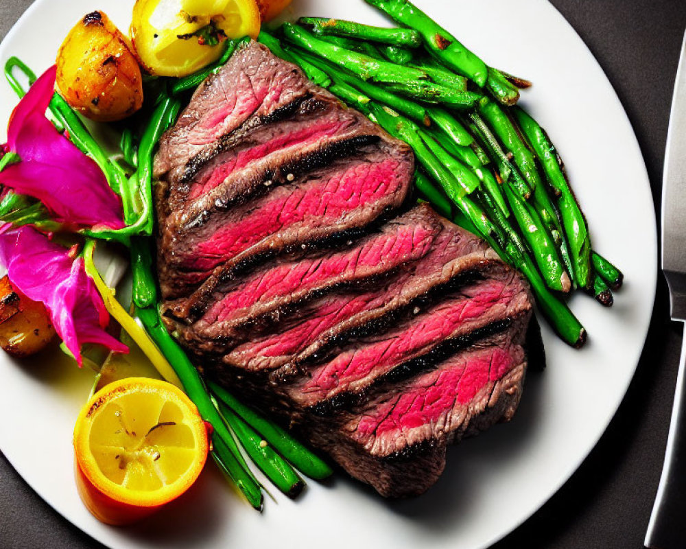 Grilled steak with green beans, roast potatoes, lemon, and pink flower on white plate