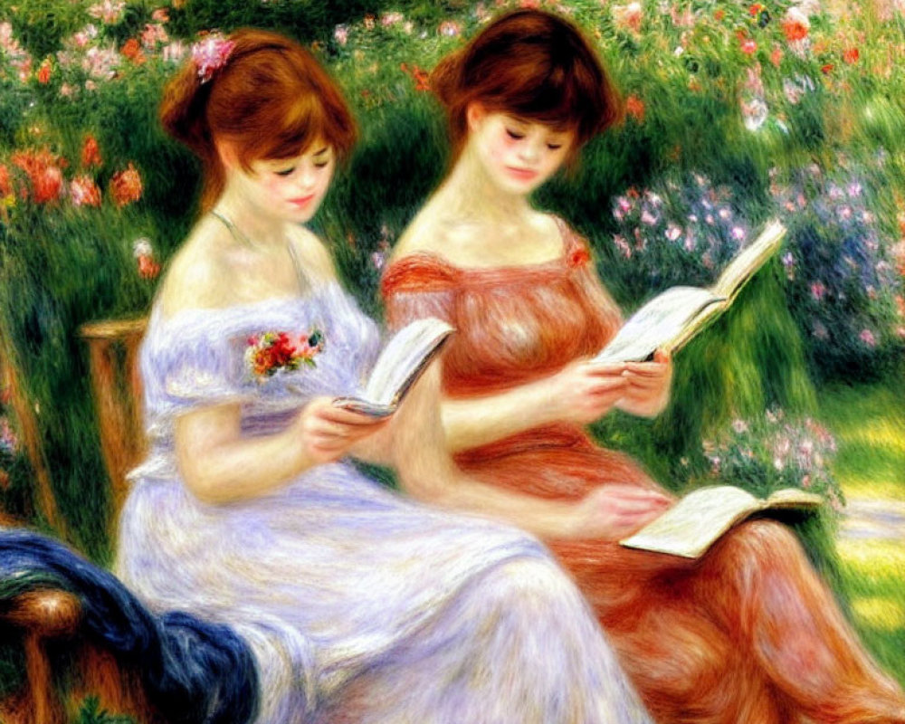 Two women in flowing dresses reading books in a garden full of vibrant flowers