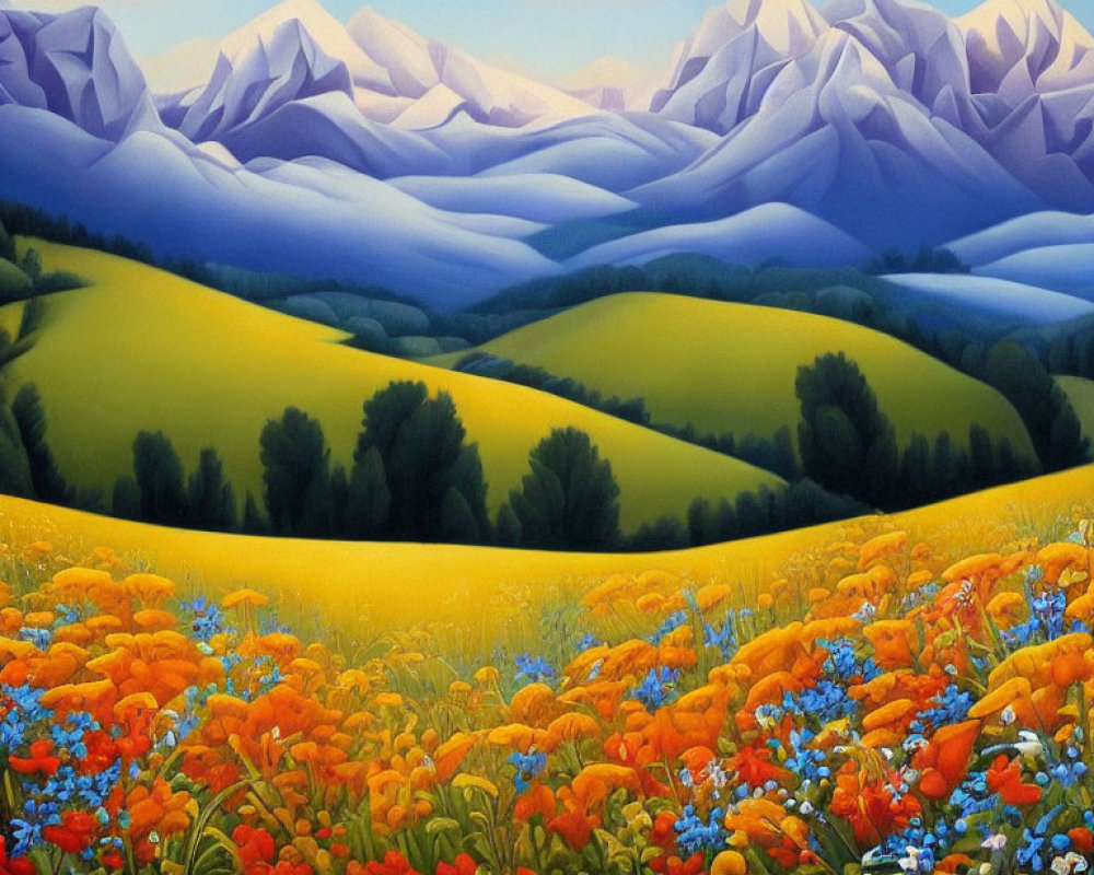 Colorful painting of yellow fields, wildflowers, and blue mountains