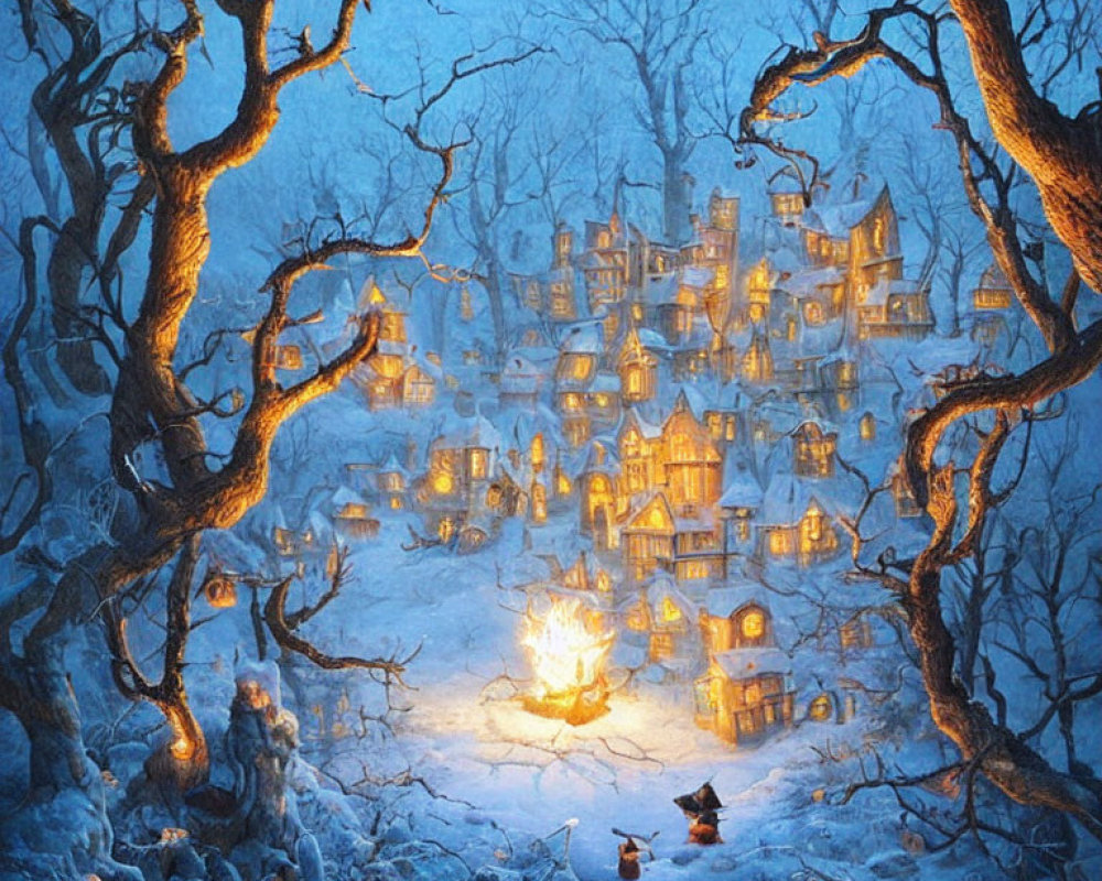 Cozy wintry village scene with glowing lights and bonfire