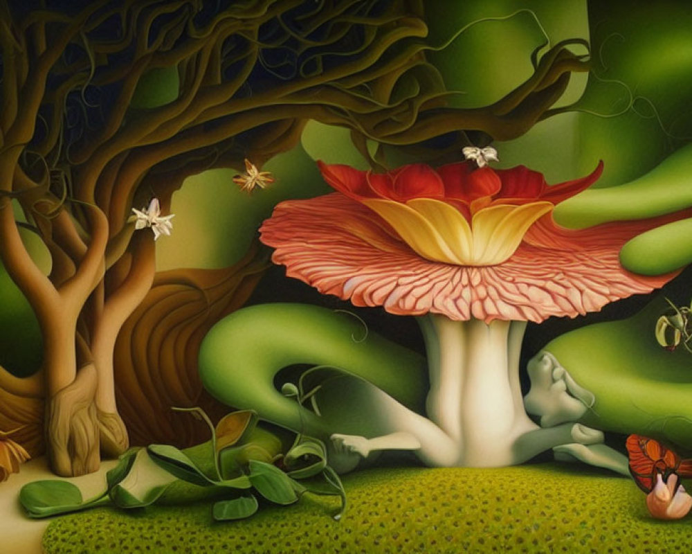Surreal landscape with oversized mushroom, tree, insects, and merging human figure