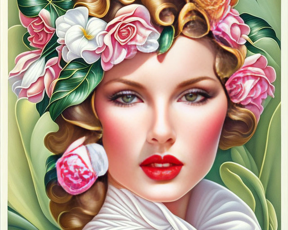 Stylized portrait of woman with wavy hair and floral adornments