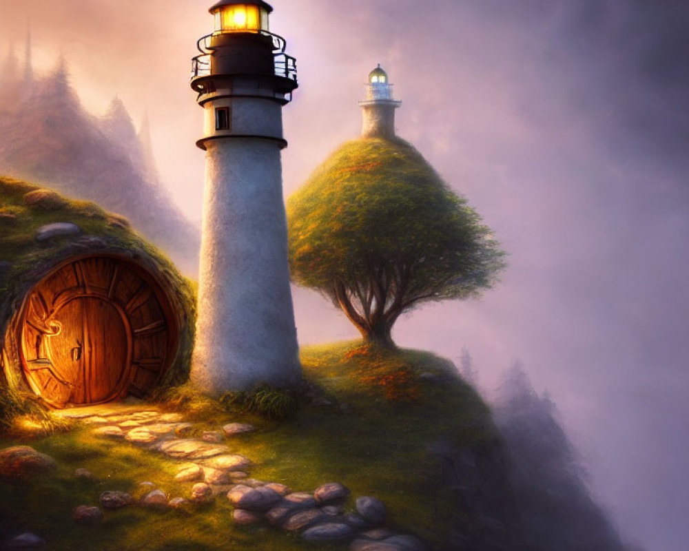 Whimsical illuminated lighthouse on grassy hill with mist