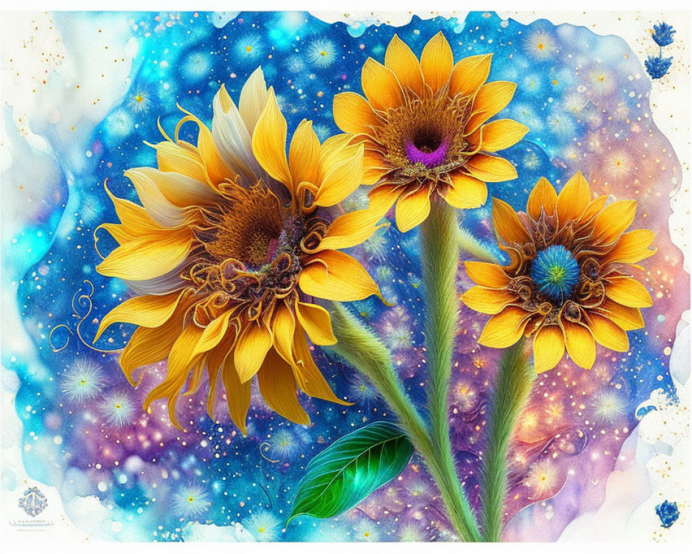 Vibrant sunflower artwork with cosmic backdrop and stars