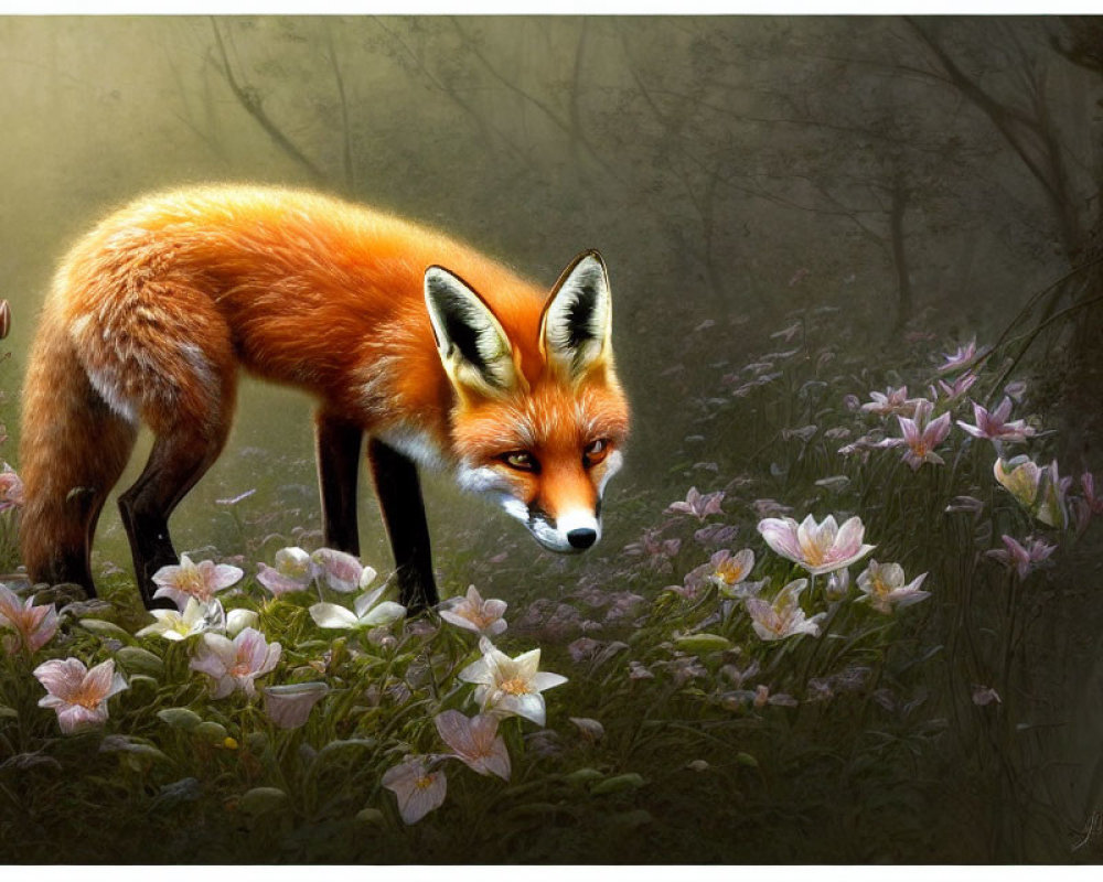 Colorful Fox in White Flower Field with Misty Forest Background