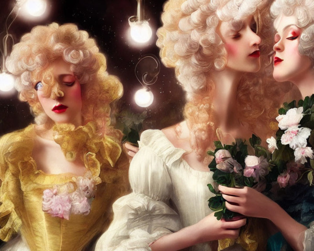 Three women in rococo fashion with elaborate wigs and floral dresses on a dark background.