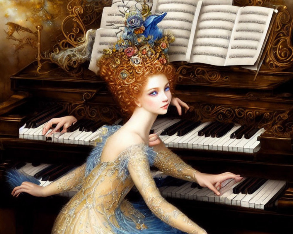 Elaborate Hair Woman in Blue Dress Plays Piano with Floating Books