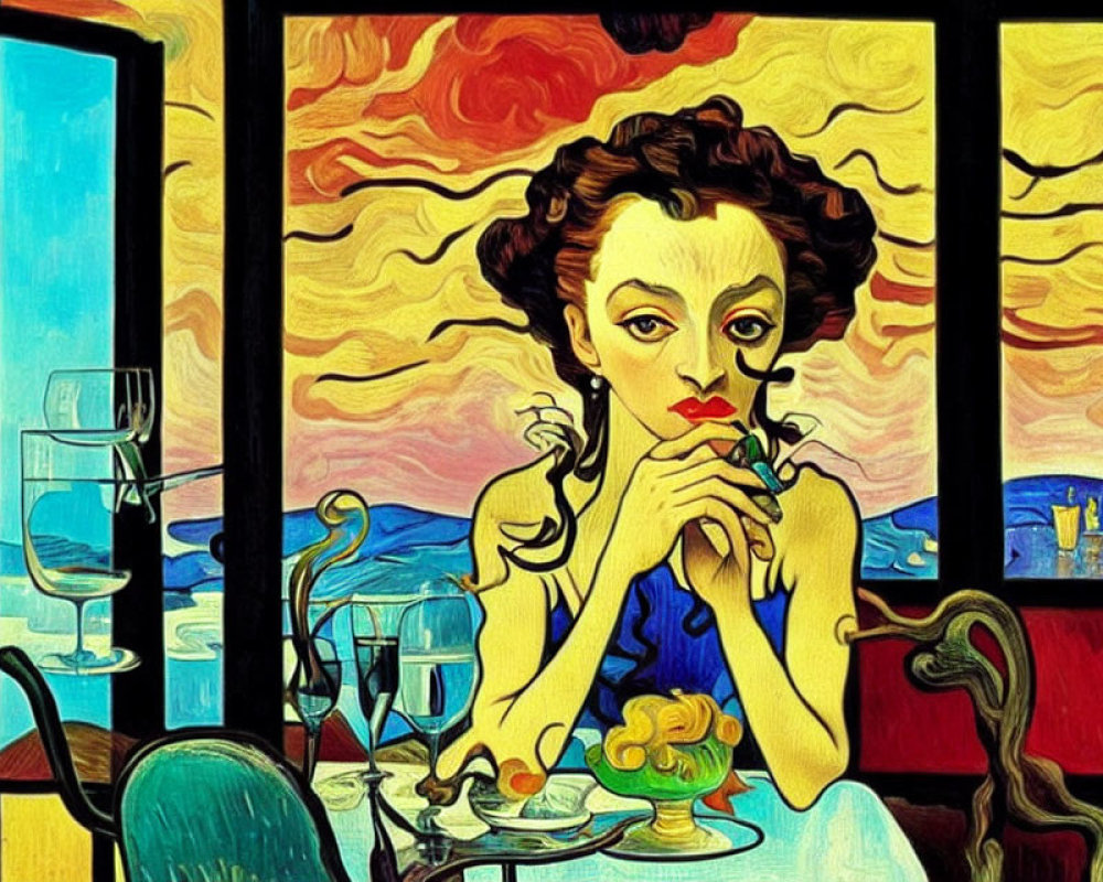 Digital painting of woman with thoughtful expression at table
