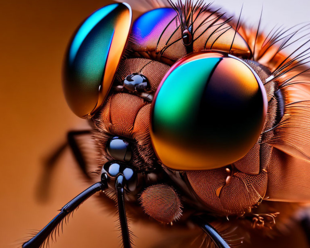 Detailed Close-up of Iridescent-Eyed Fly on Warm Background