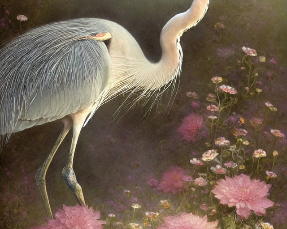 Great Blue Heron in Pink Blooming Flowers and Forest Background