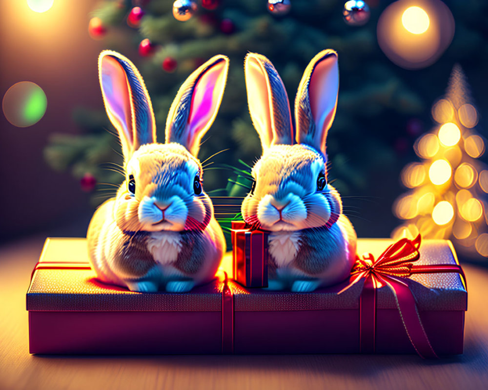 Two rabbits on red gift box with Christmas tree in background