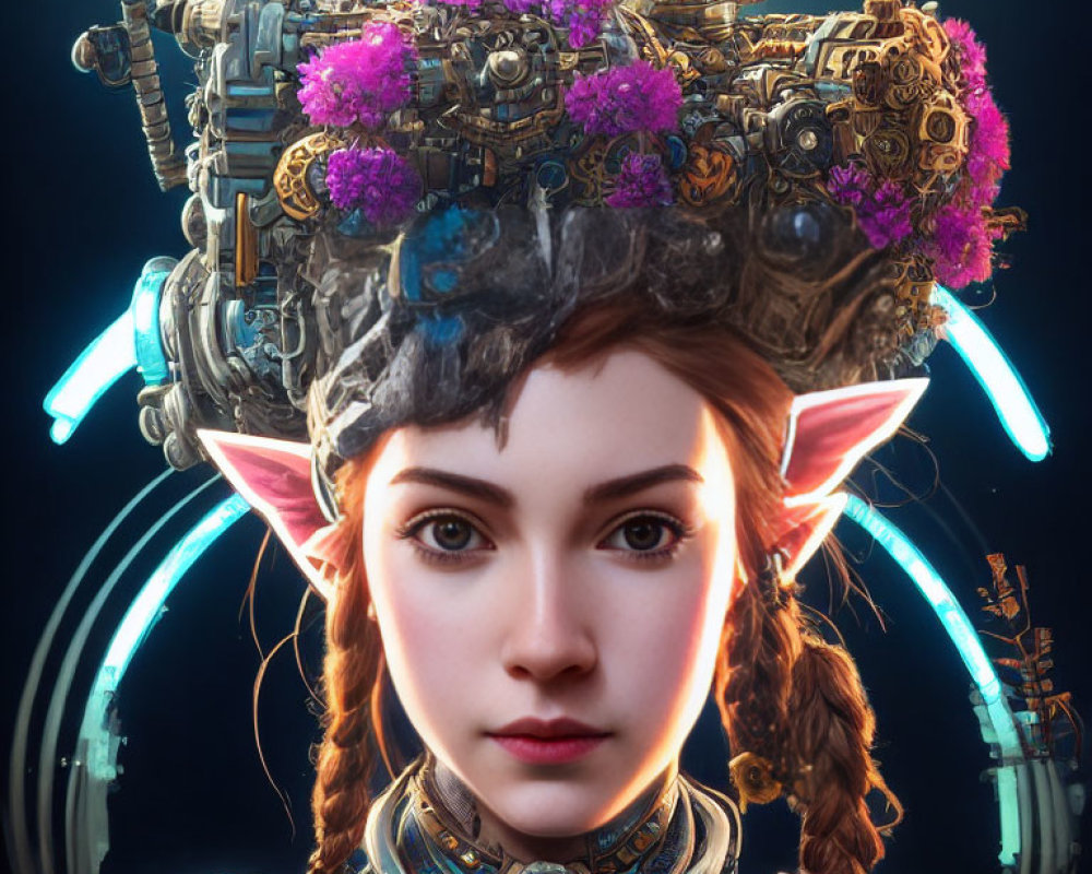 Digital artwork: Female figure with elfin features, mechanical headgear, pink flowers, futuristic collar,