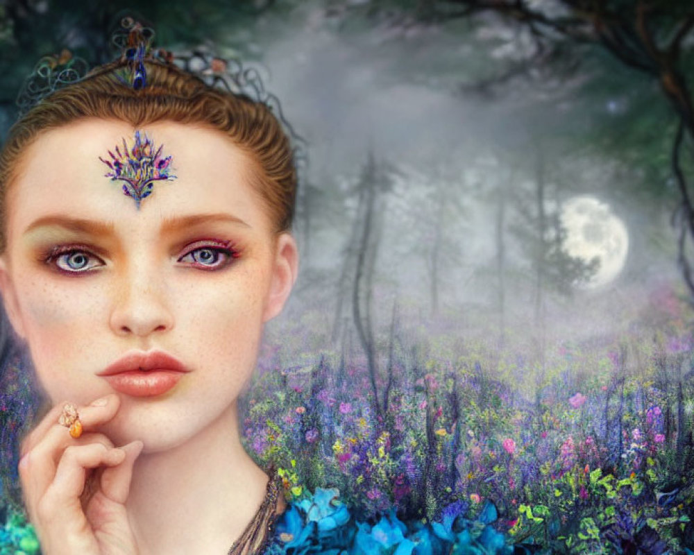 Woman with Ornate Forehead Jewel in Vibrant Forest Scene