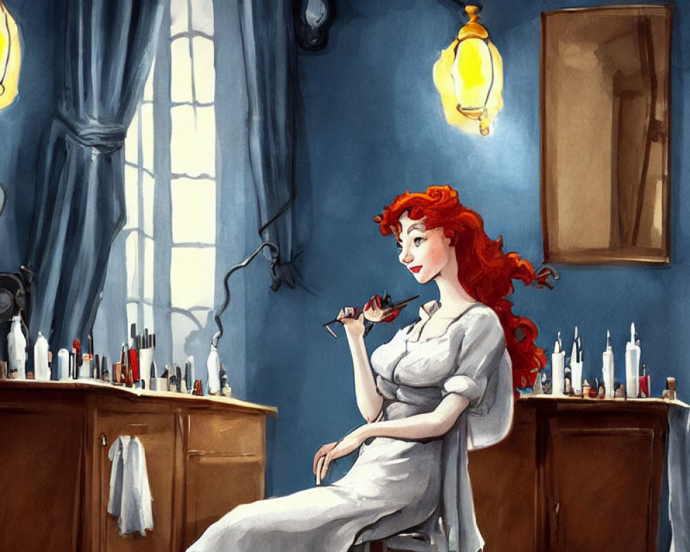 Woman with red hair applying lipstick in golden-lit room