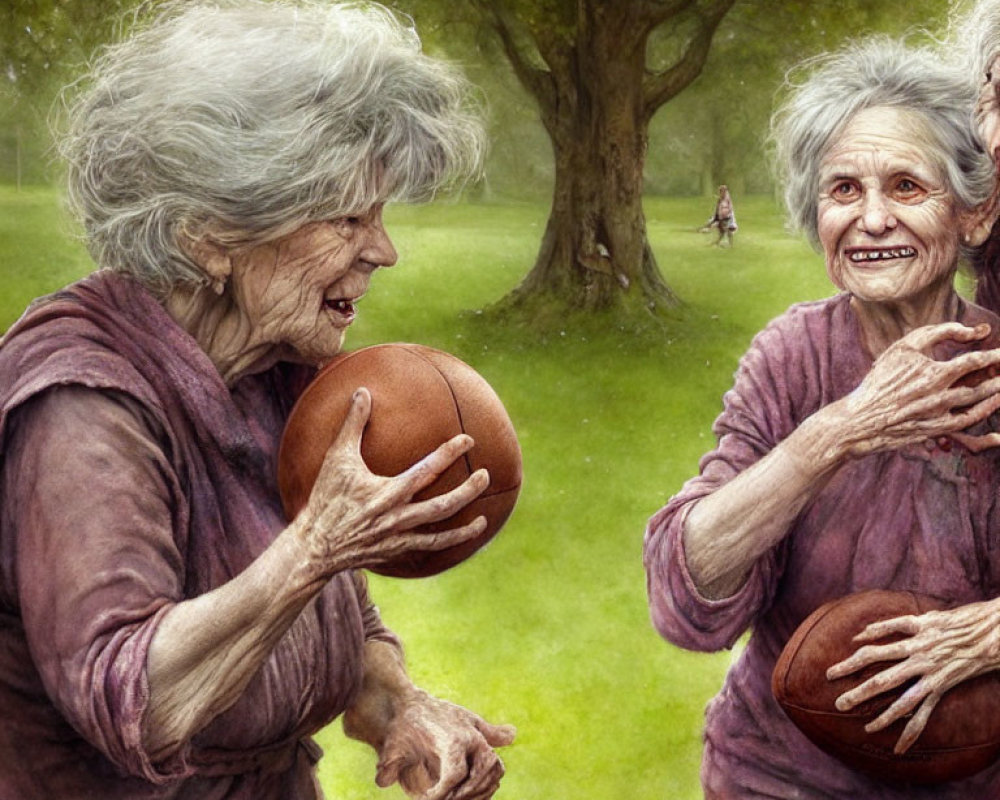 Elderly women playing basketball in park with child