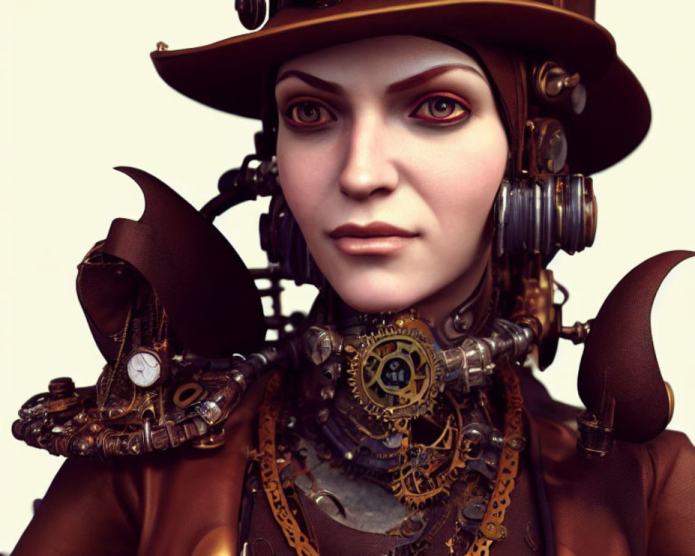 Steampunk-themed 3D-rendered female figure in high-collared coat and gear accessories