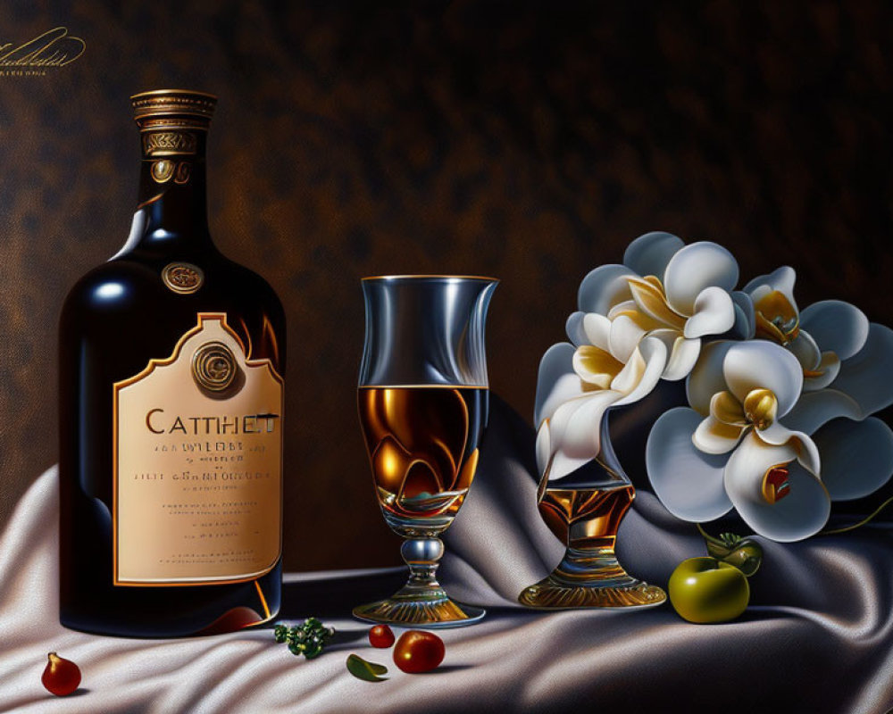 Still life image with Cathithe cognac bottle, glasses, olives, tomatoes, and orchid