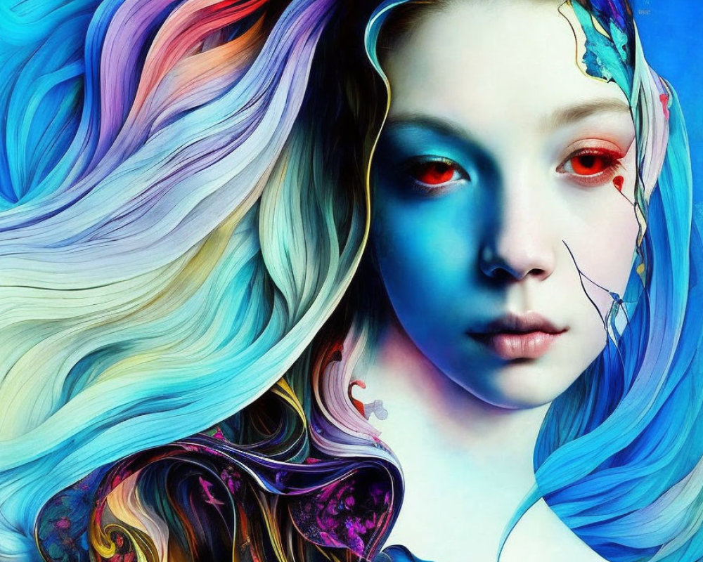 Vibrant portrait of female figure with colorful hair and blue skin