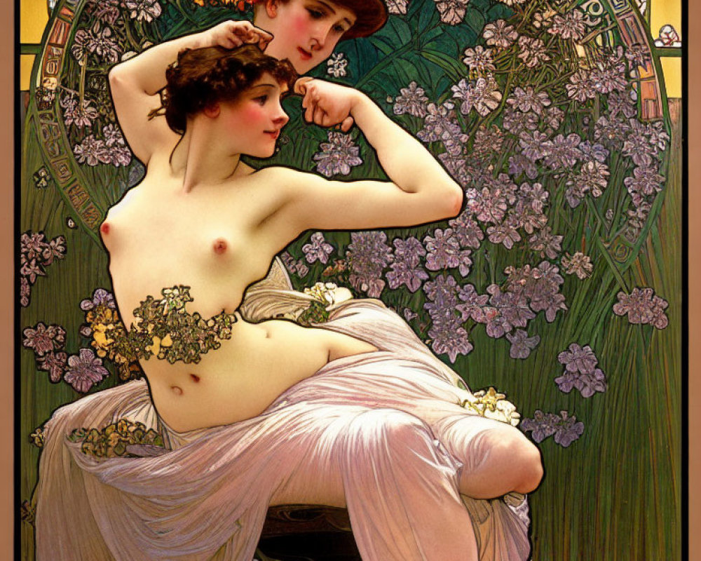 Art Nouveau style illustration of two women in floral setting