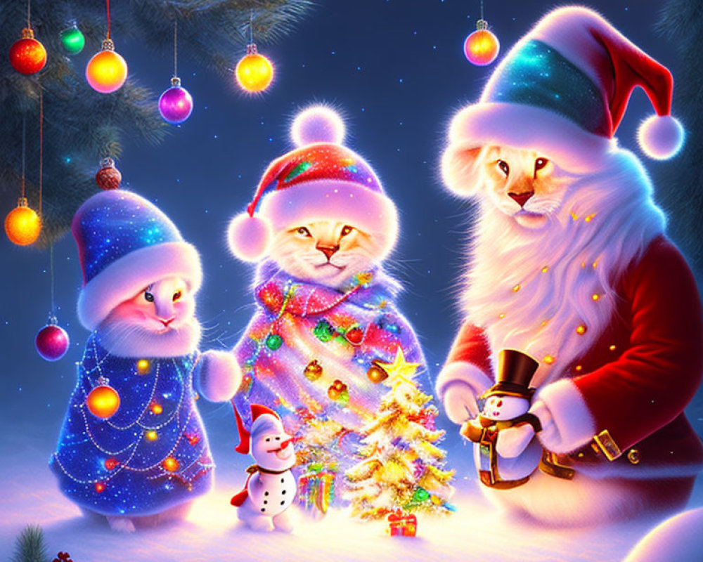 Three Cats in Festive Clothing Under Colorful Night Sky