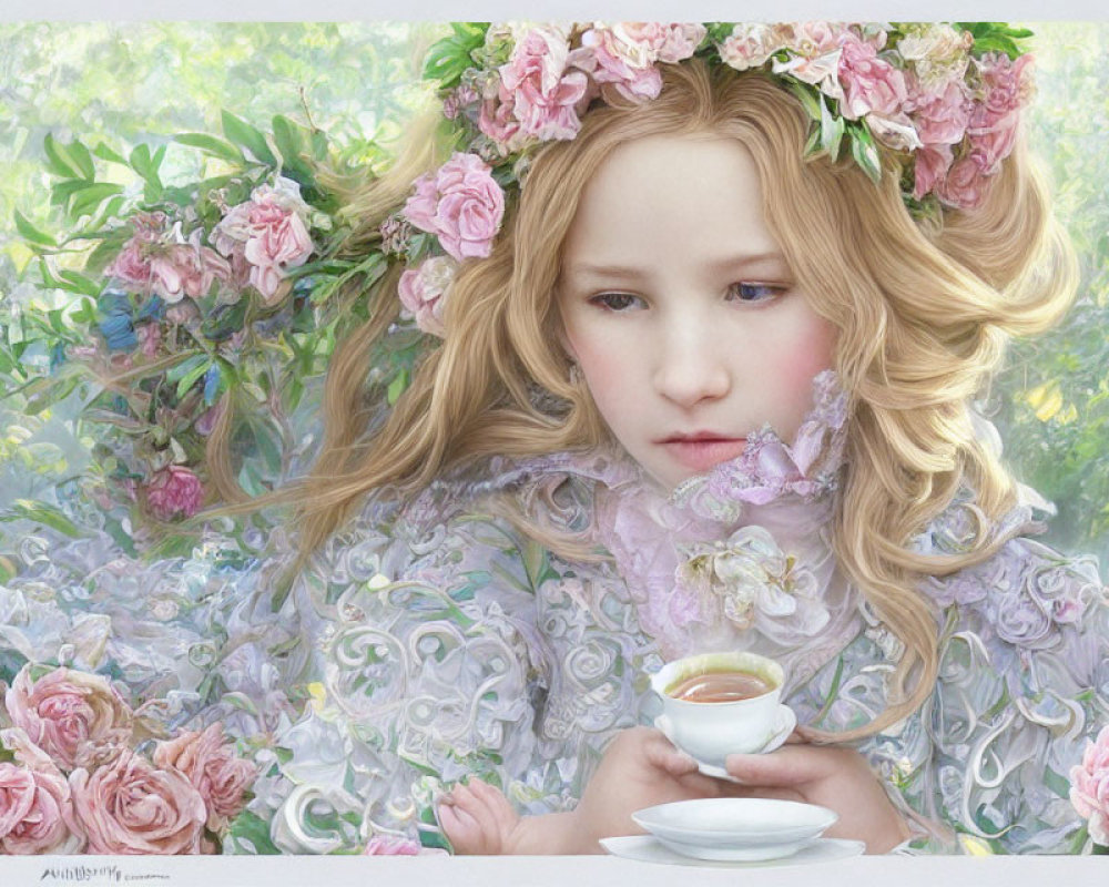 Girl with Floral Headdress Holding Teacup in Pastel Rose Setting