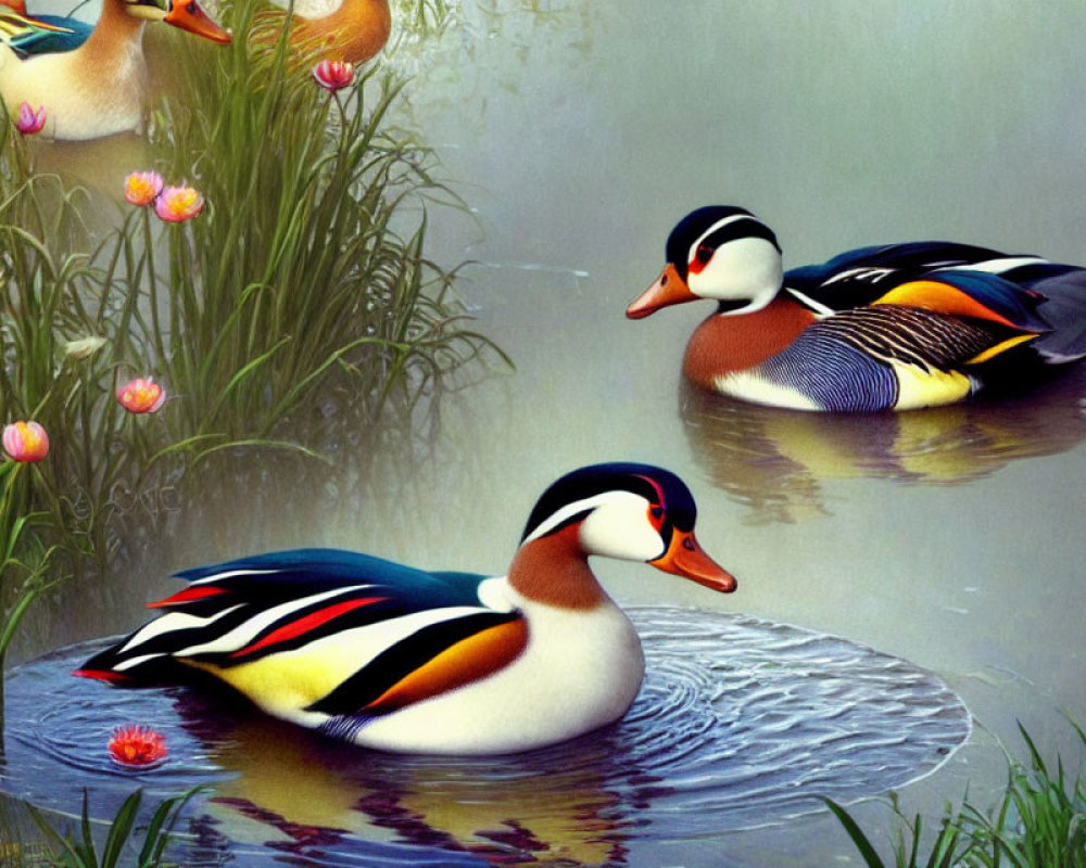 Vibrant mandarin ducks in serene pond with greenery and water lilies