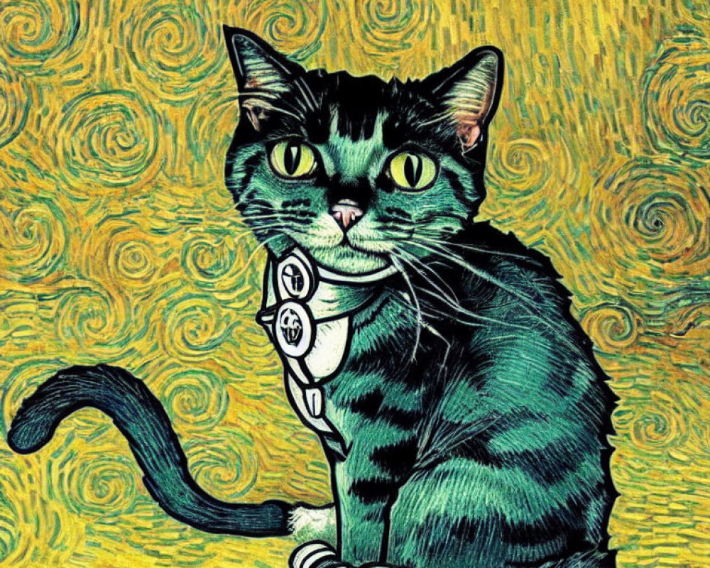 Black and Green Striped Cat in Van Gogh-style Yellow Swirl Background