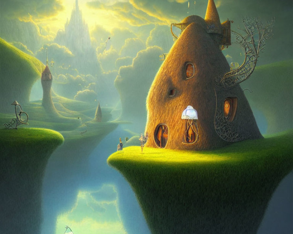 Fantasy landscape with floating islands, hat-shaped house, towers, swing, radiant sky
