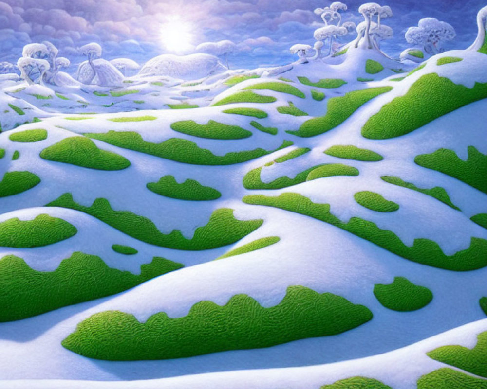 Snow-covered hills and whimsical tree-like structures in bright sun scenery