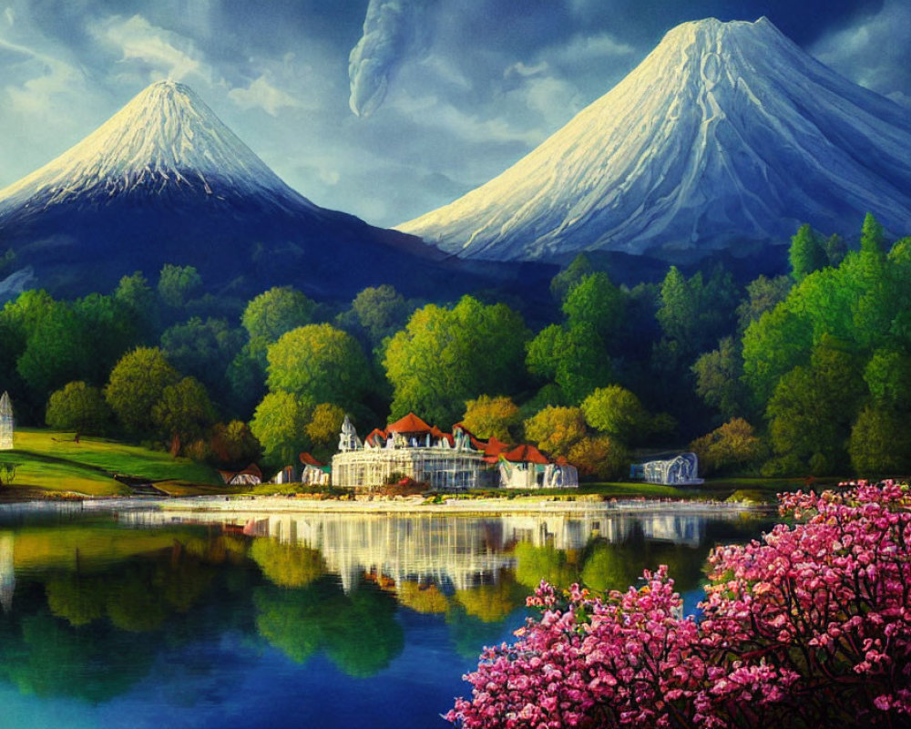 Serene lakeside painting with pink flowers, house, and mountains