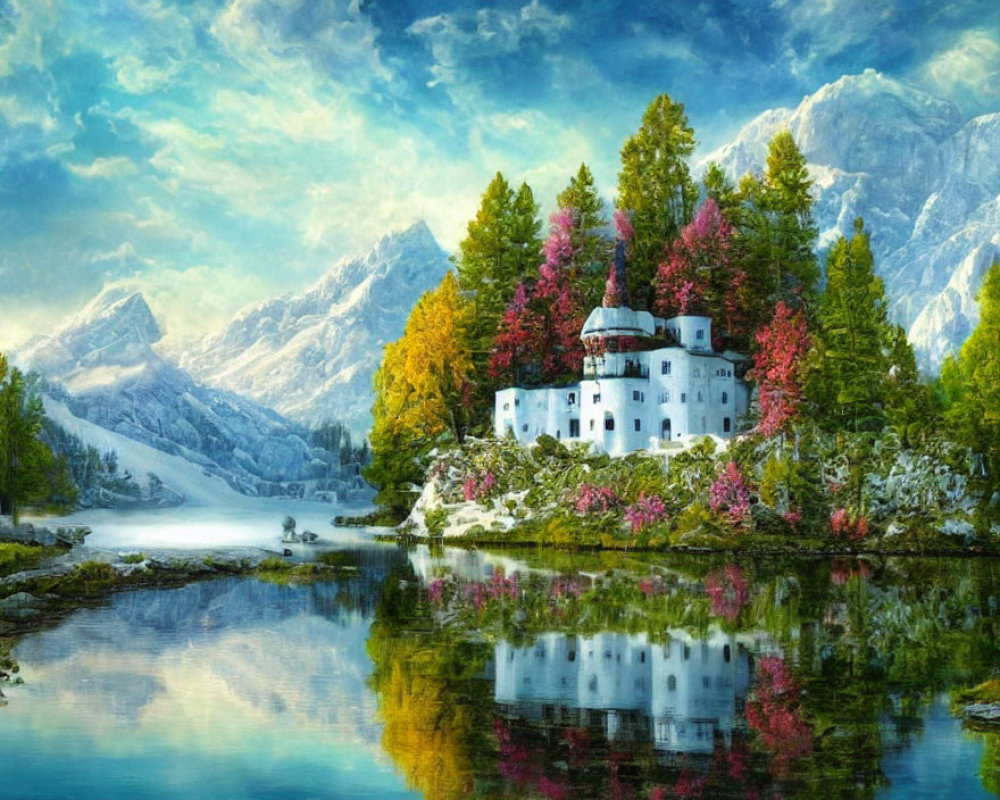 Castle surrounded by vibrant foliage on island with snowy mountains and lake reflection
