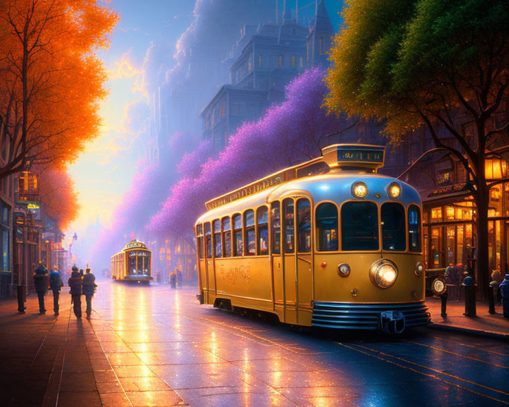 Vintage golden tram on vibrant city street with autumn trees and street lamps at dusk