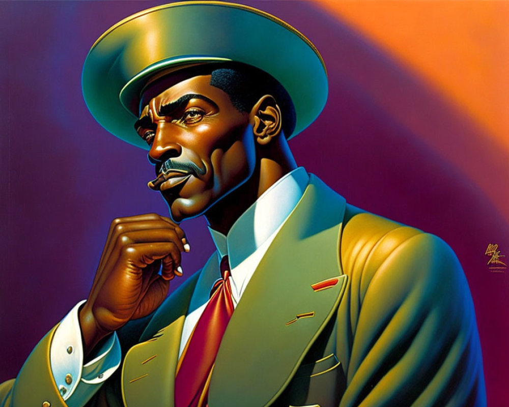 Stylized portrait of man in green hat and suit against purple and orange backdrop