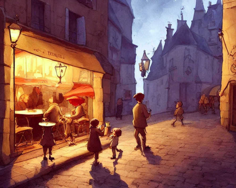 Warmly lit café in evening street scene with old buildings and cobblestone paths.