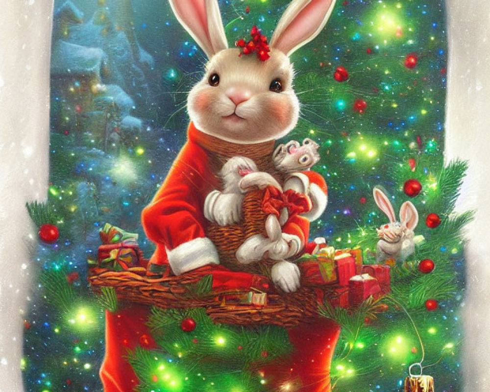 Festive rabbit illustration with holiday theme and Christmas gifts