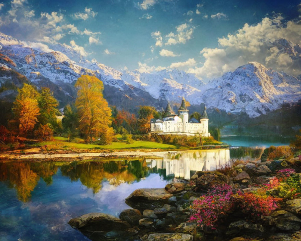 White castle in autumn landscape with lake, mountains, and cloudy sky
