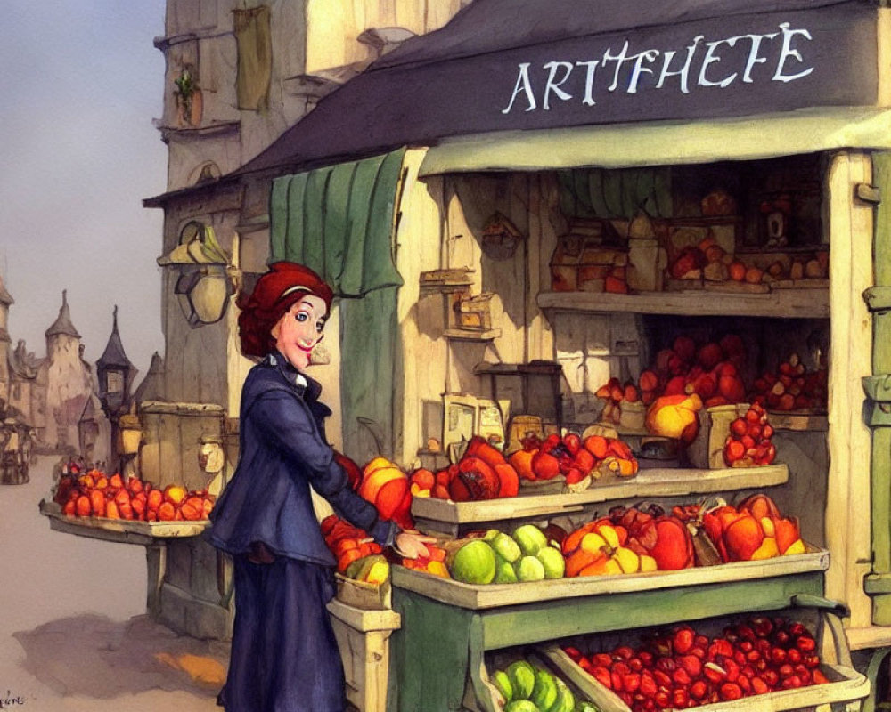Smiling woman in blue dress shopping at "ARTIFLETTE" fruit stand